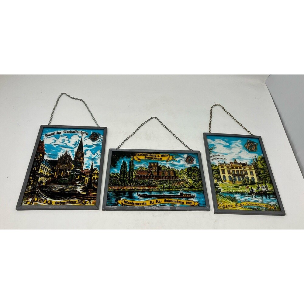Vintage Germany Reverse Glass Painting Art LOT of 3 Metal Frames Hanging Painted
